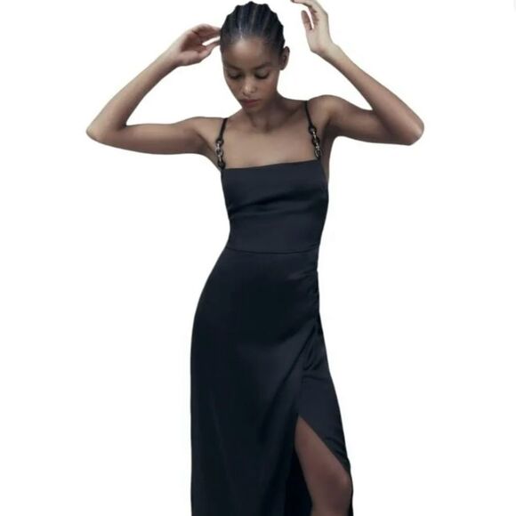 Zara Satin Lingerie Style Dress Black Size L NWT - Picture 2 of 5